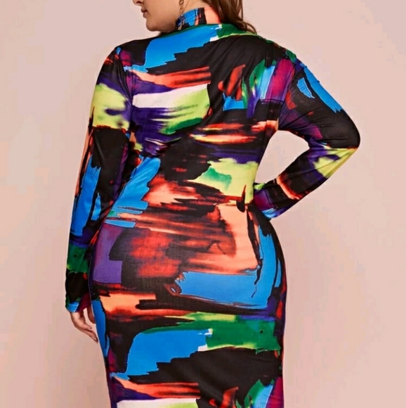 #8 Brand New Plus Multicolor Bodycon Long Sleeve Dress - Picture 2 of 9